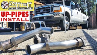 2001 F350 73  RiffRaff UpPipes Install  Stock up pipes leaking and falling apart JUNK SP [upl. by Arrec]